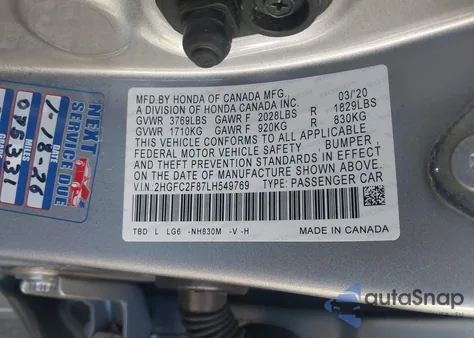 2020 Honda Civic Sport из США, поврежденный, VIN 2HGFC2F87LH549769